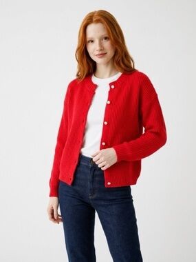 Amazon Women's Red Pearl-Button Knit Cardigan